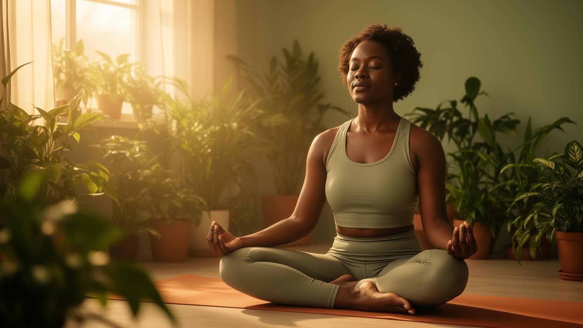 A quiet moment of practice: woman meditating among plants in warm light